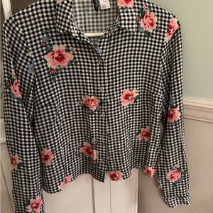 H&M Black and White Checkered Shirt with Pink Floral Accents